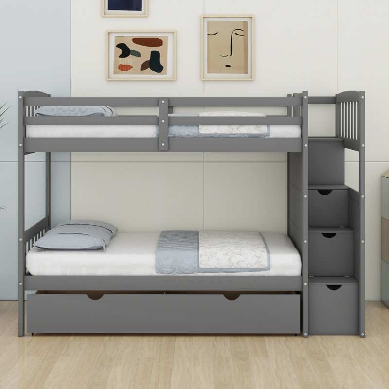 Lit superposé simple au-dessus de simple / double avec escalier, lit inférieur convertible, lit superposé en bois avec tablettes de rangement et tiroirs (nouveau)
