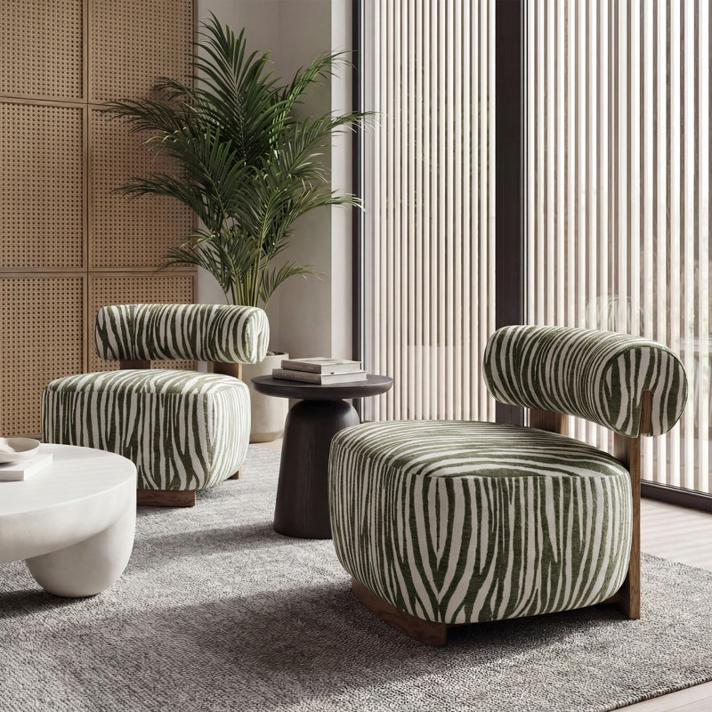  Modern Chenille Accent Chair with Zebra-Stripe, Cylindrical Backrest for Living Room, Green, Green