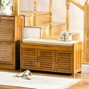 Bamboo Shoe Bench with Storage Cabinets and Seating Cushion - Entryway Organizer