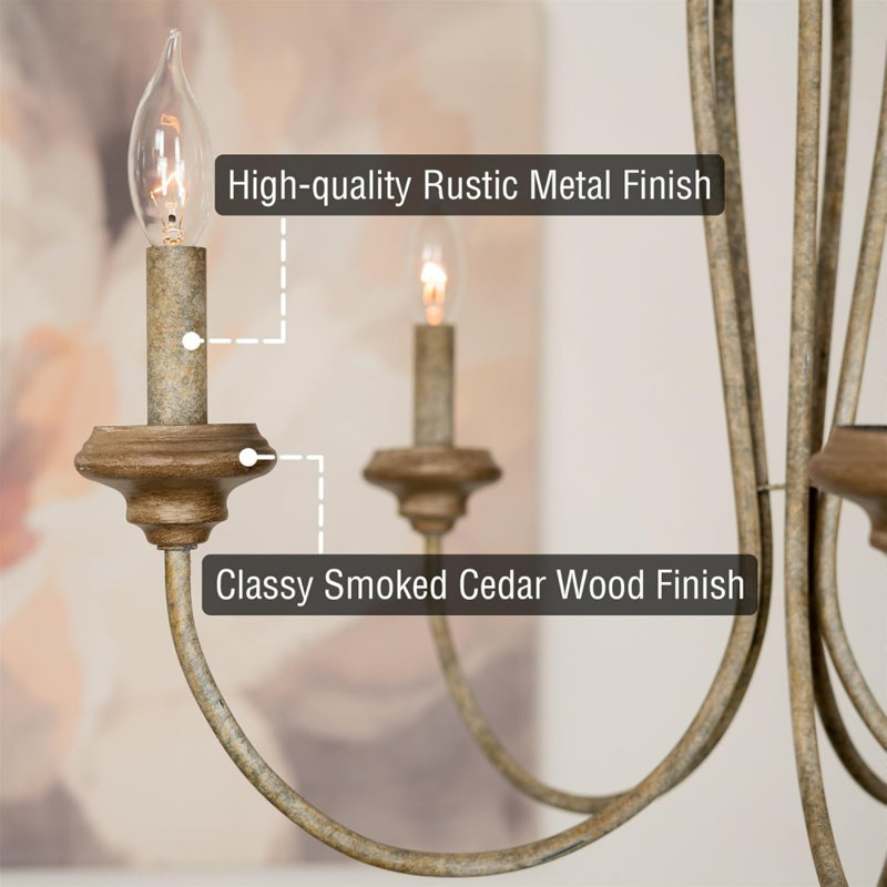 24" 5-Light French Country Chandelier, Adjustable Height, Smoked Cedar + Rustic Metal Finish