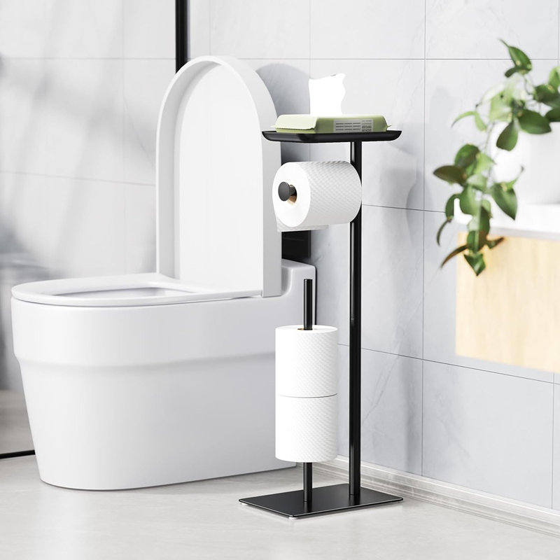 Porte-papier hygiénique sur pied avec tablette de rangement supérieure - organisateur de papier hygiénique pour salle de bain, peut contenir 4 rouleaux de réserve