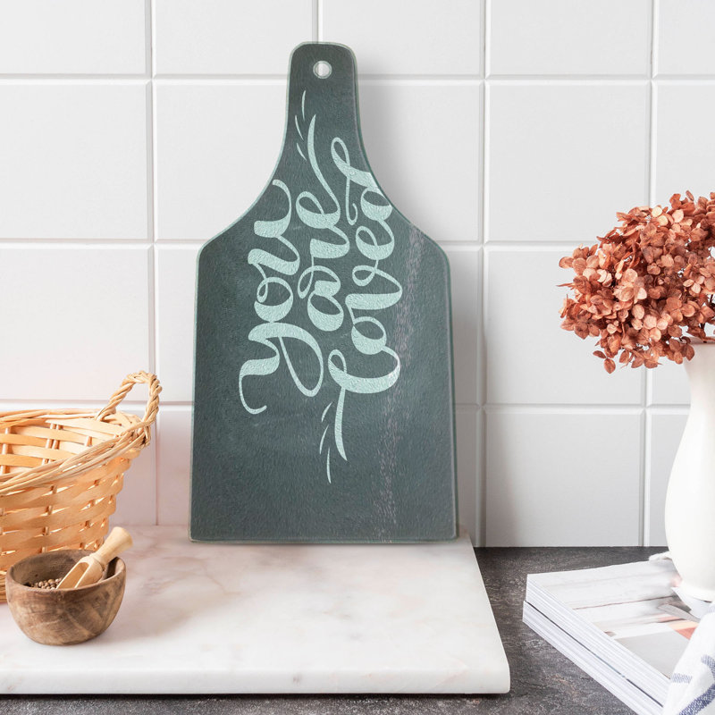 Ambesonne You Are Loved Tempered Glass Cutting Board Text on Chalkboard Grey White