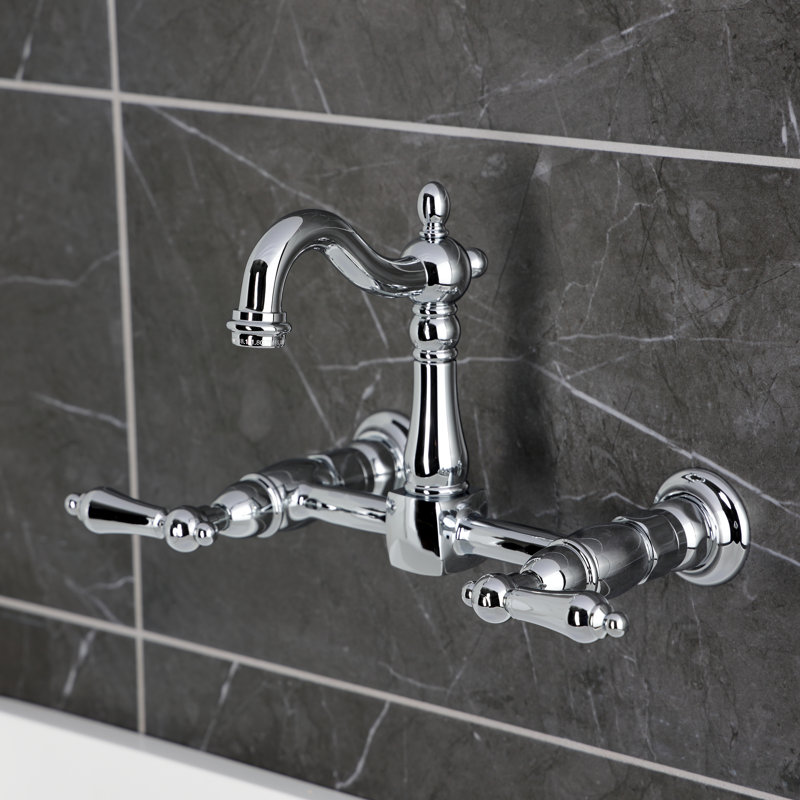 Kingston Brass Heritage Double-Handle 2-Hole Wall-Mount Bridge Kitchen Faucet, Polished Chrome