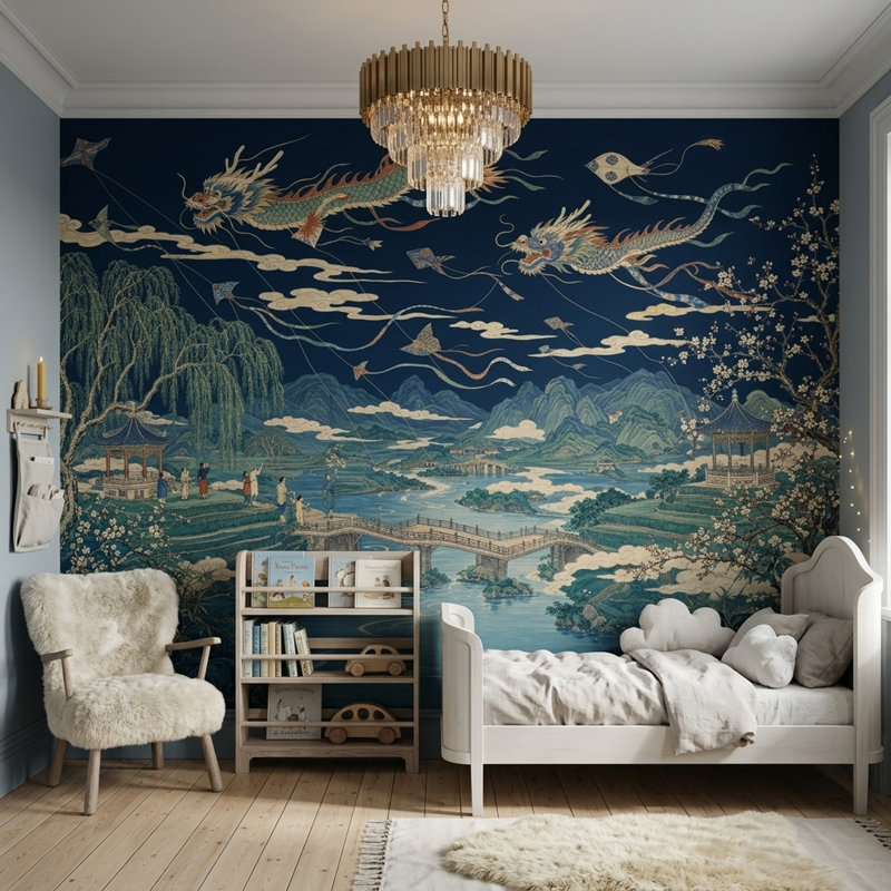 Papier peint mural Dragons Volants Ciel Bleu Marine Foncé Paysage Oriental, 100"x96", Peel and Stick
