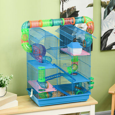 Cage à hamster de 18,5 po à 5 niveaux - bleu, fusion de tubes, de tunnels, de plat de nourriture, de bouteille d'eau, de roue d'exercice, de poids léger et de ventilation bleue avec tubes et petits animaux
