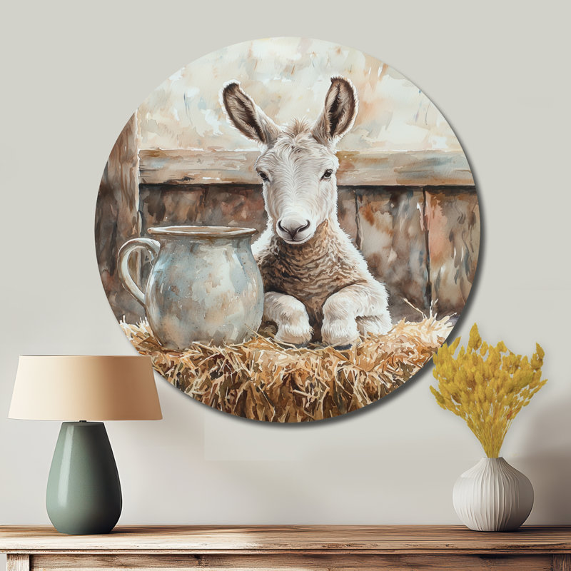 «Donkey Portrait At The Barn II» - art mural rond en forme d'âne, impression sur métal gris moderne, H 36 po x l 36 po