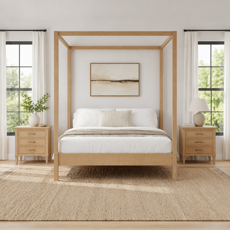 Solid Wood King Size Canopy Bed Frame Four Poster Platform Bed with Slats Support, No Box Spring Needed for Comfortable and Stylish Sleep