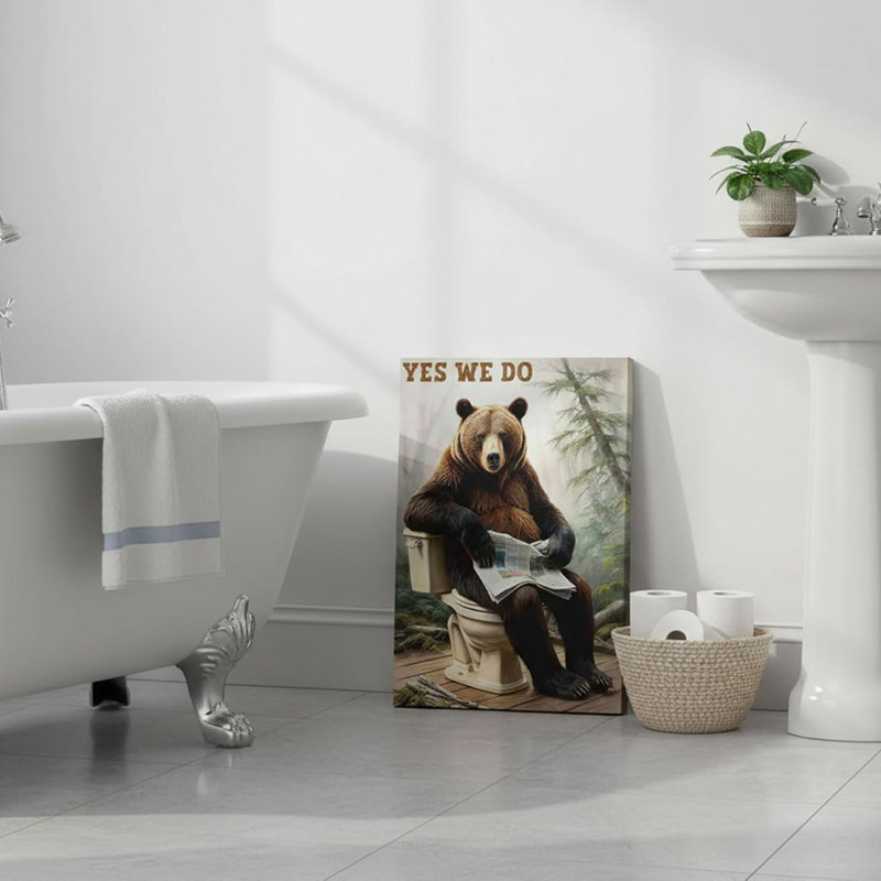 Bear Bathroom Canvas Wall Art Picture Funny Forest Animal Poster Prints Humorous Bear Sitting On The Toilet Painting Wall Decor for Washroom Restroom 12x16in Framed Ready To Hang