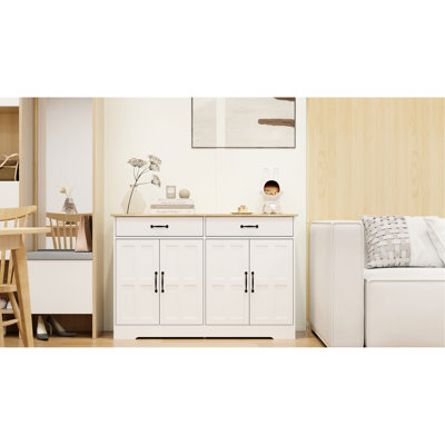 White Buffet Cabinet With 2 Shelves - 48.9". 4 Doors, Drawers. For Kitchen, Bedroom. Metal Slides, Waterproof Coating 48.9" Storage Sideboard White. Drawers, Doors. Versatile For Home. E1 , Coated.