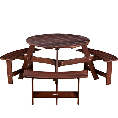Natural Wood Picnic Table With 3 Benches For 6 - Umbrella Hole, , Weather , Patio And Backyard Person Round Waterproof, Rustic Style, Furniture