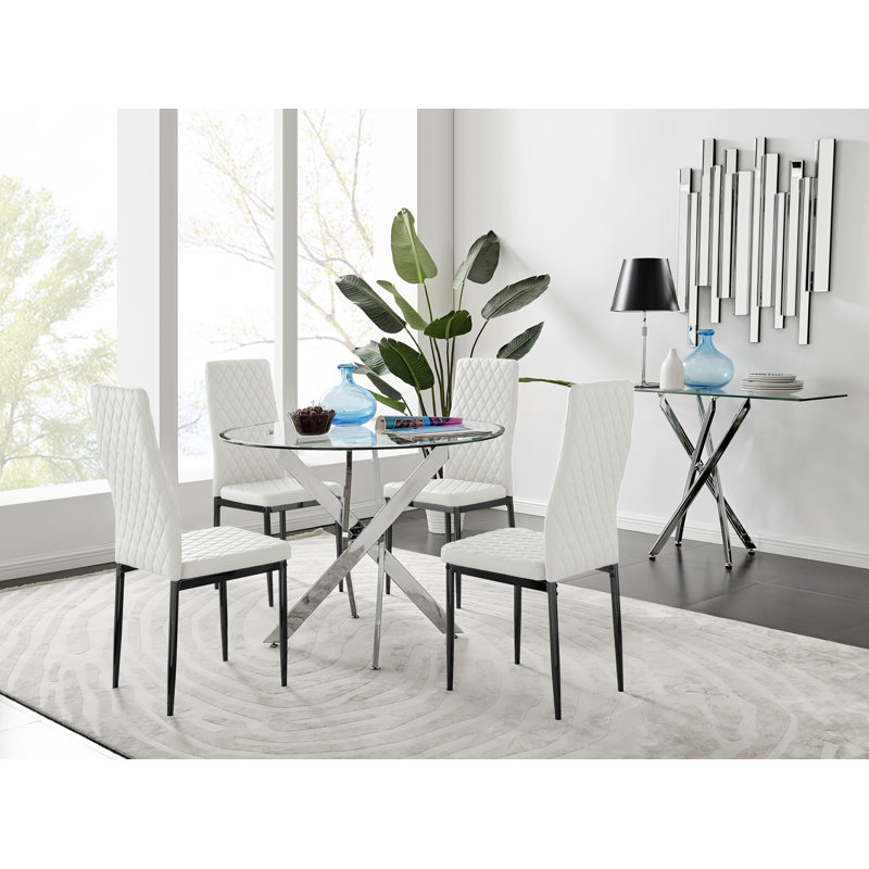 Tierra 100Cm Round Dining Table And 4 Grey Gold Leg Chairs, White/Black