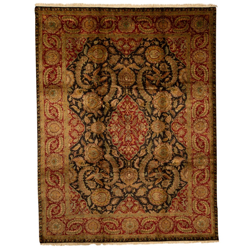 Tapis noir et rouge noué à la main de haute qualité