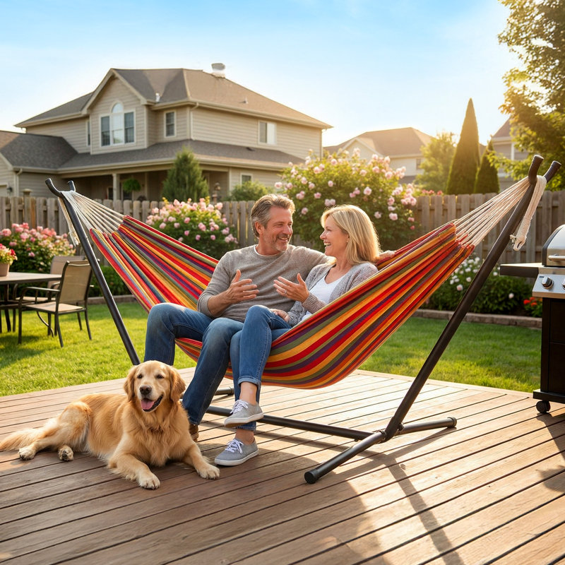  Double Canvas Hammock with Steel Stand with Storage Bag for Indoor/Outdoor Garden, Patio, Deck, Yard & Balcony, Blue, Red