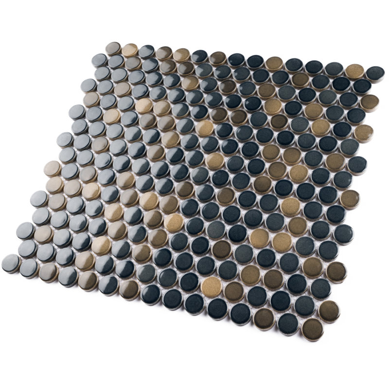 Porcetile Round 12.41 in. x 11.46 in. Penny Glossy Porcelain Mosaic Wall and Floor Tile, Blue