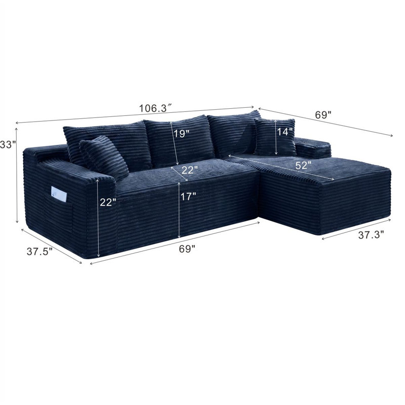 Canapé modulaire 106,3 po Cloud, H 33 po x l 106,3 po x P 69 po, Orienté à droite, Bleu