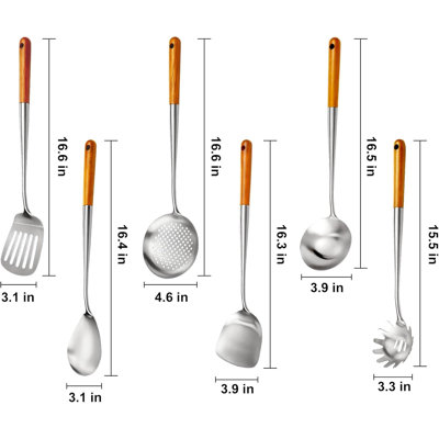 Ensemble d'ustensiles de cuisine professionnel en acier inoxydable de 6 pièces avec poignées en bois, outils de cuisson de 16,6 pouces de long pour un usage commercial et wok, comprenant une spatule, une louche, un écumoire, un retourneur et une cuillère