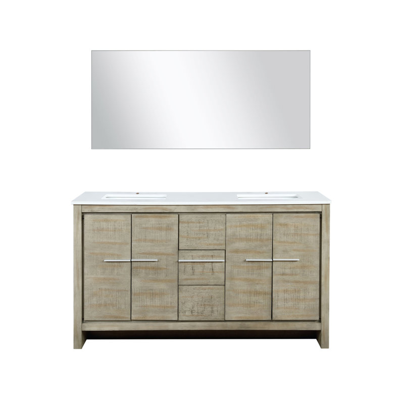 Meuble-lavabo double rustique P 20 po, comptoir en quartz et miroir 70 po, Blanc / bois d'acacia