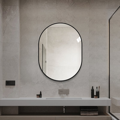 Modern Runway Oval Bathroom Vanity Mirror with Black Aluminum Frame, High Definition Copper-Free Silver Wall Mirror,for bathroom，hallway 