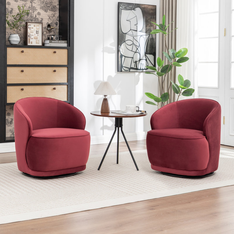Fauteuil demi-tonneau pivotant en velours Stith, Velours rouge