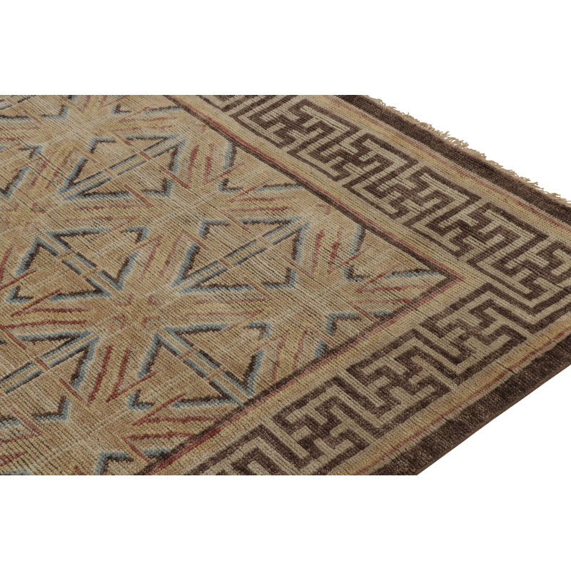 Rug & Kilim’S Chinese Dynastic Square Rug In Beige-Brown And Blue Patterns, Rectangle 5' x 7'