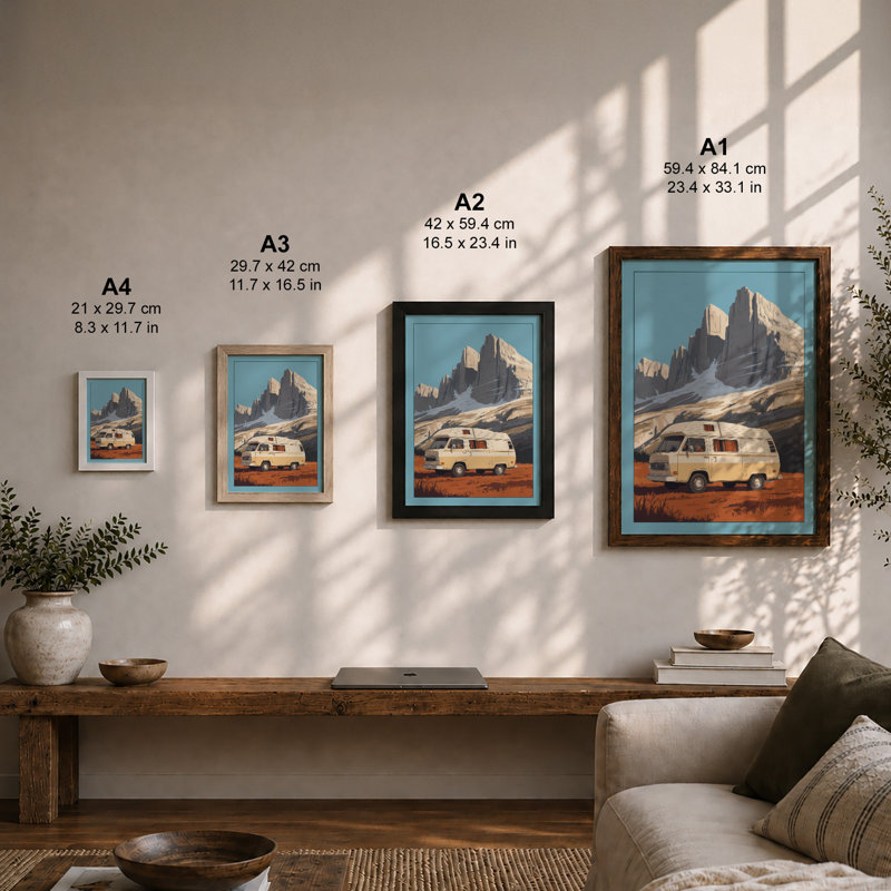 Camper in the Mountains Minimalist - Framed Print, Black, A3 - 42.0 x 29.7 cm