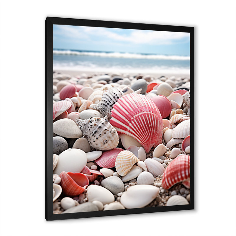 «Pink Beige Seashell On The Beach», reproduction sur toile, Cadre photo noir, H 32 po x l 16 po x P 1 po
