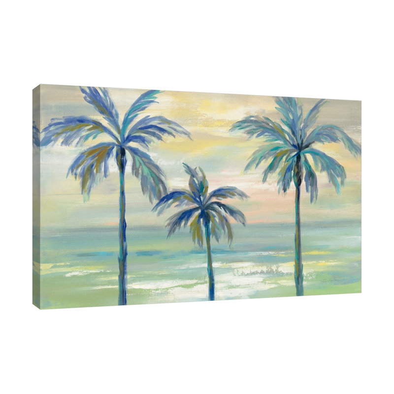 « marine layer palms », reproduction de peinture à l’acrylique sur toile tendue, H 28 po x l 42 po x P 1,5 po