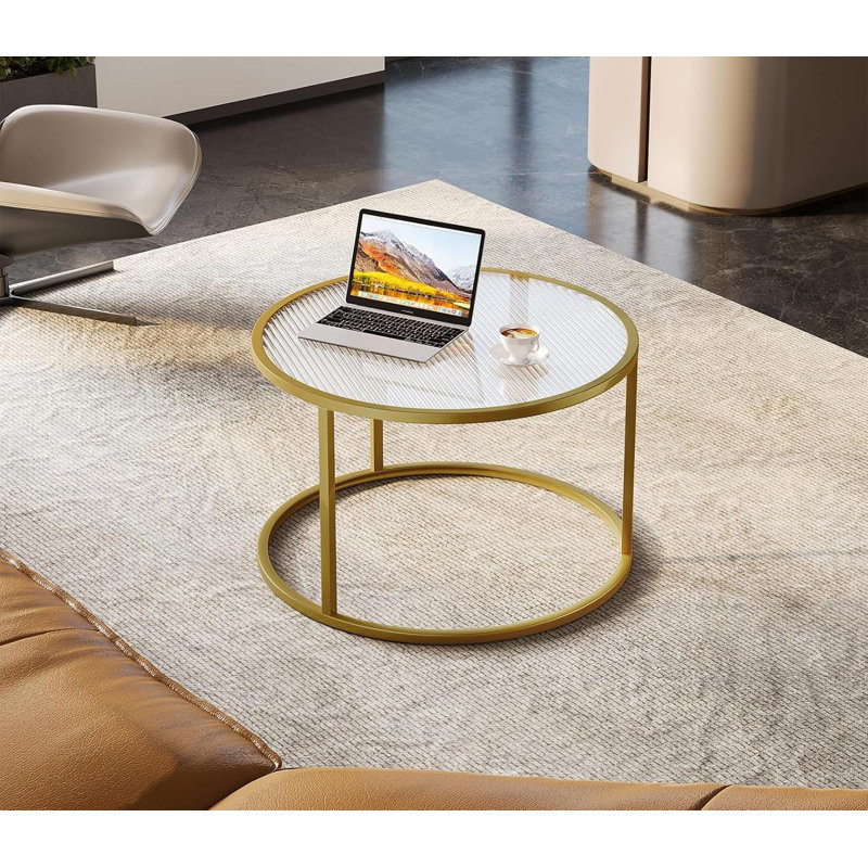 Round Gold Glass Coffee Table with Metal Frame