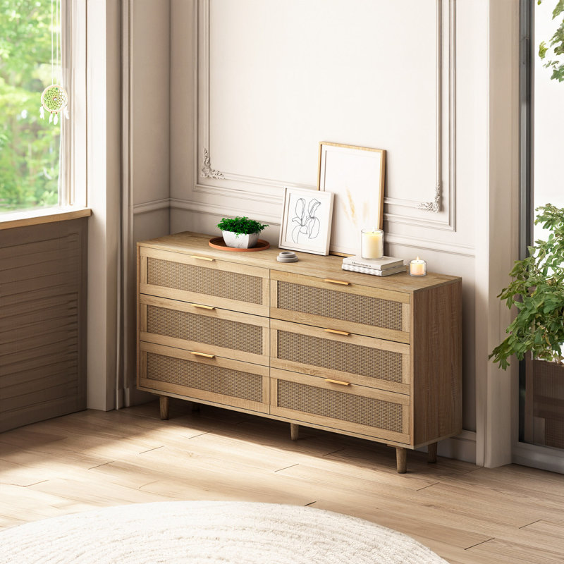 6-Drawers Rattan Storage Cabinet Rattan Drawer, Natural, 29.53" H x 59.06" W x 15.75" D