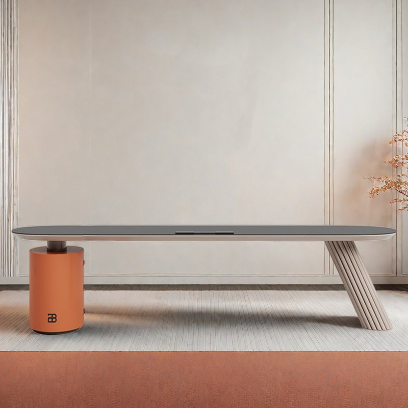 Bureau en granite avec bureau simple, Orange/crème, H 29,53 po x l 94,49 po x P 27,56 po