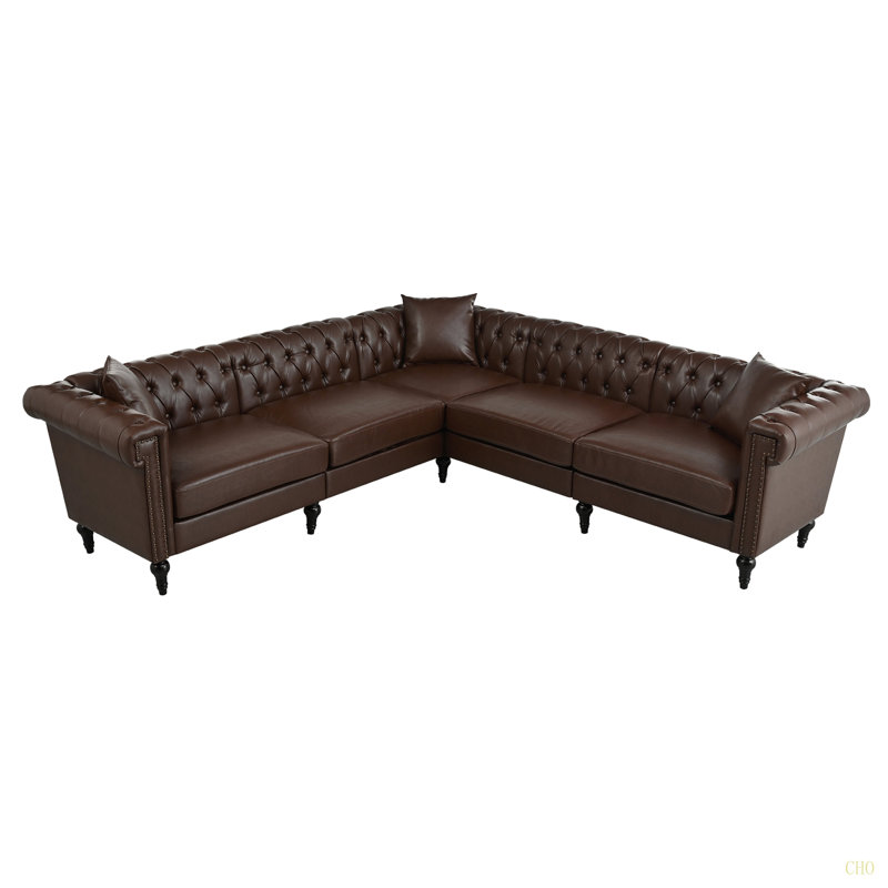 Canapé modulaire pour salon, canapé Chesterfield moderne réversible en forme de L avec accoudoirs roulés et têtes de clou, canapé capitonné à 5 places pour le similicuir en petit ou grand espace