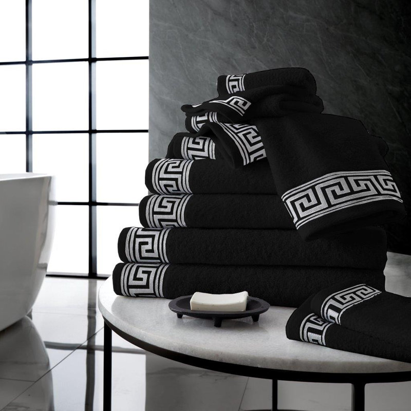 8 Piece Greek Towel Bale Set - Standard Cotton Luxury Soft & Quick Dry Towelette, 4 Face, 2 Hand and 2 Bath Towels Set, Black