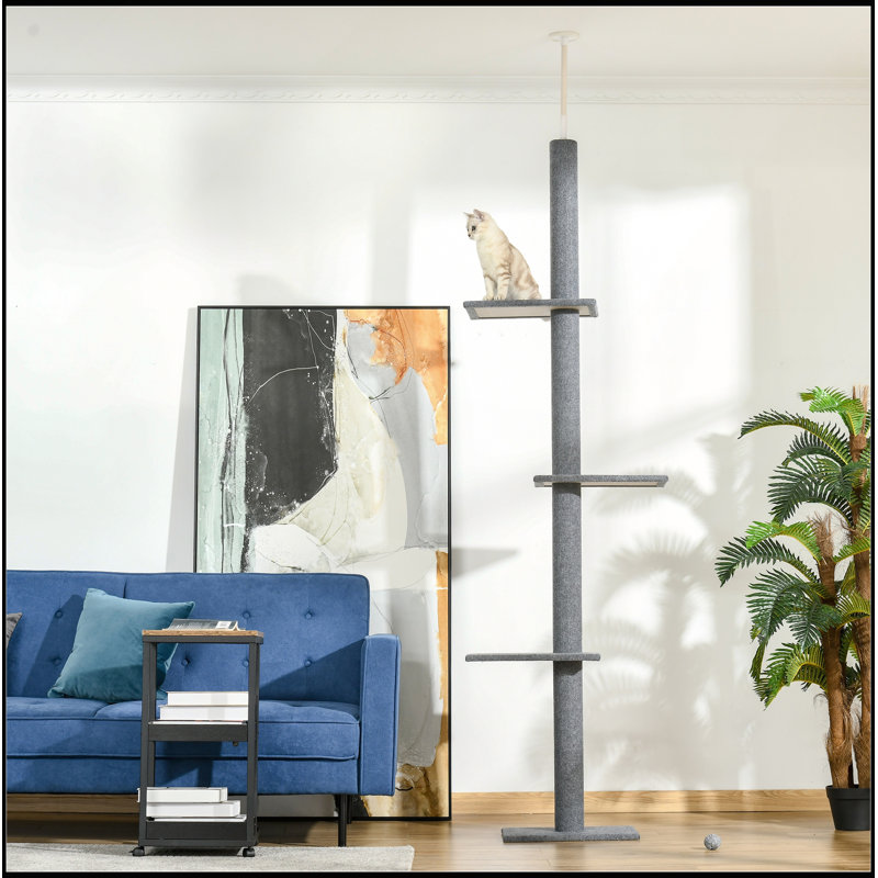 Arbre à chat PawHut réglable du sol au plafond avec poteaux à griffer en sisal et plateformes, Gris foncé