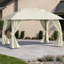 Pavillon de jardin avec acier beige et polyester, jumelant un toit souple rectangulaire avec beige chaud et patio ou jardin