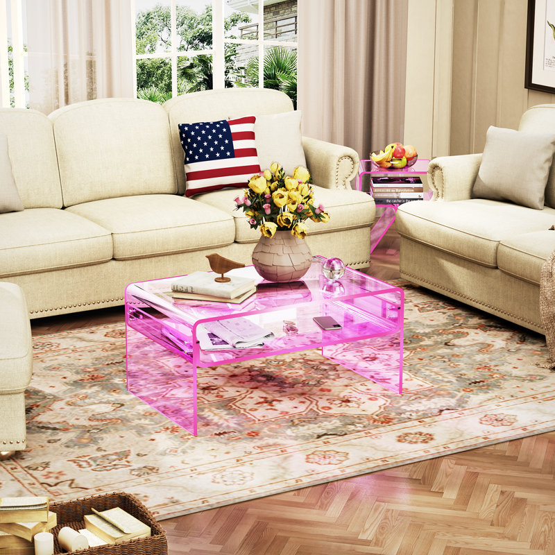 Freysteinn Acrylic Coffee Table,  2 Tiers Clear End Table with Storage Shelf, Pink