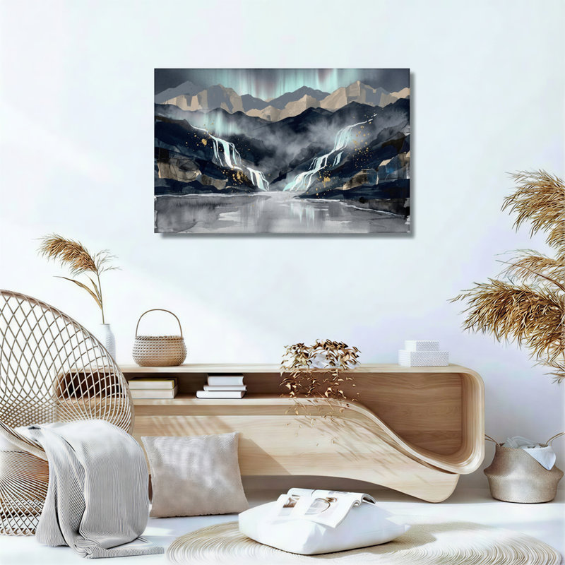 Ensemble de 1 tableau sur toile représentant une cascade de montagne, H 18 po x l 24 po, Toile tendue