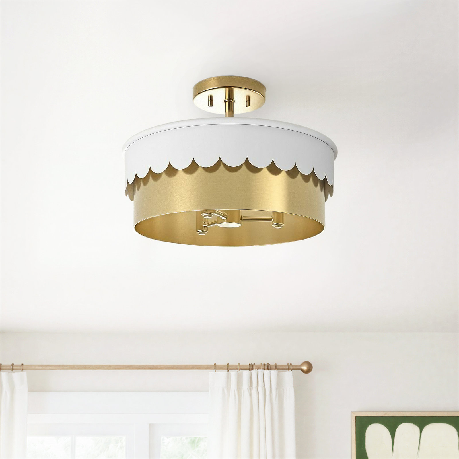 Dulcia 3-Light Semi Flush Mount, White/Natural Brass