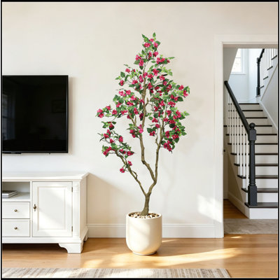 Bougainvillée artificiel de 7 pi avec fleurs en soie rose réaliste, idéal pour la décoration intérieure et extérieure, bassin blanc non amovible