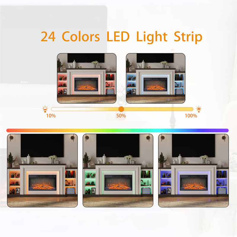 80" Fireplace Tv Stand With Electric Insert – Freestanding Media Console For Tvs Up To 90 Inches, White/Brown