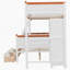 Lit superposé simple au-dessus d'un lit double en bois avec garde-robe, tiroirs, tablettes et lumière DEL