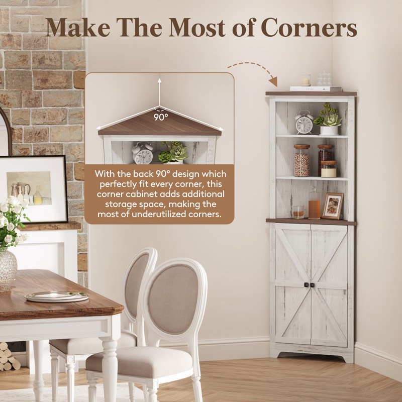 Rustic White Tall Corner Cabinet with Adjustable Shelves