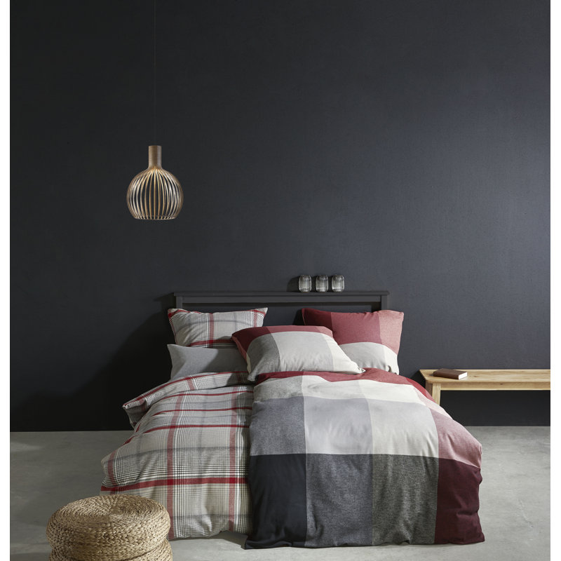 Flannel Duvet Cover Set, Red/Dark Grey, Single - 1 Pillowcase (80 x 80 cm)