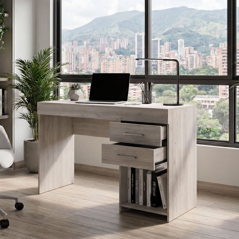 Jayleene Computer Desk with Drawers and Open Storage Shelf – Home Office Writing Desk, Light Gray