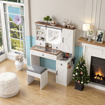 Farmhouse Vanity Desk With Sliding Led Mirror Charging Station Glass Top Stool & Storage, Mdf & Glass Makeup Dressing Table by Latitude Run