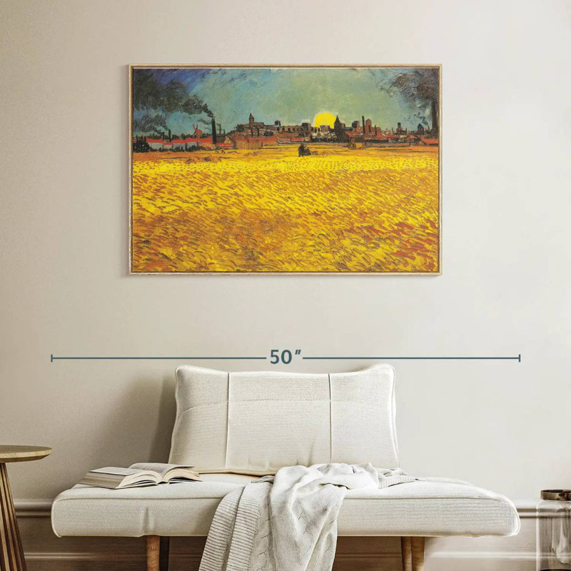 Champ de blé au coucher du soleil, Cadre flottant en bois naturel, 40 po x 27 po