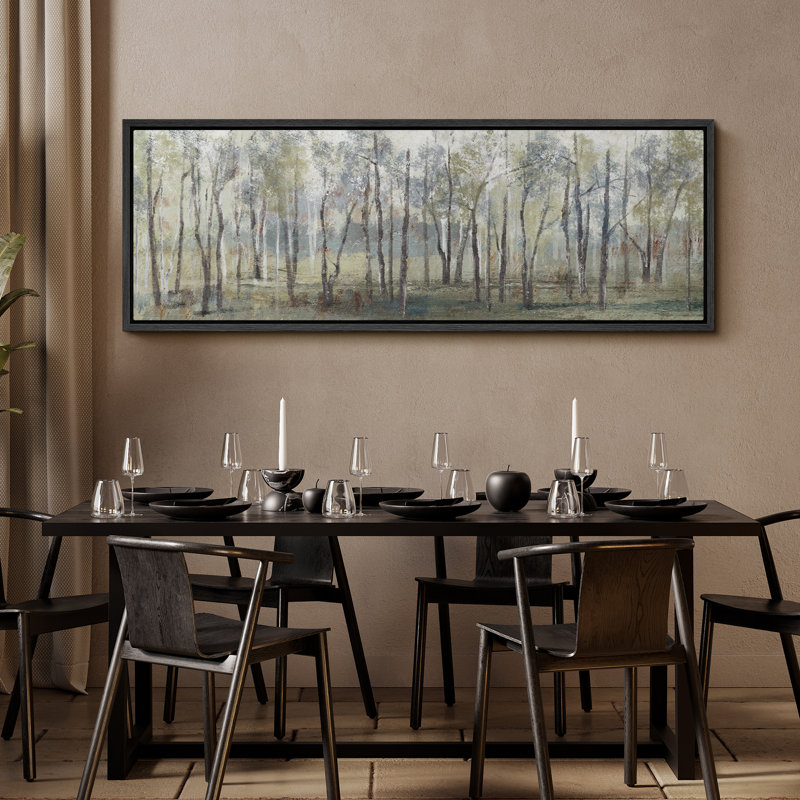 «Green and Blue Tree Forest Landscape», très grand art mural sur toile encadré, H 20 po x l 60 po, Noir, noir, noir, noir