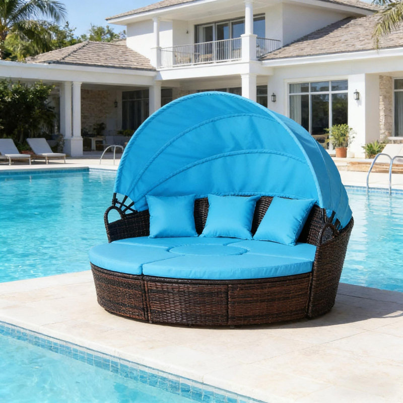 Outdoor Conversation Set,Patio Sectional Furniture Set,4 Piece Round Rattan Daybed, Blue