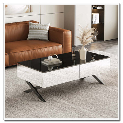 Table basse rectangulaire à miroir pour le salon avec rangement et base en métal, 2 tiroirs, plateau noir ultrabrillant