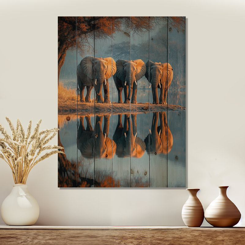 Éléphants d'Afrique au bord de la rivière II - Éléphant, art mural en bois animal - sur bois de pin naturel