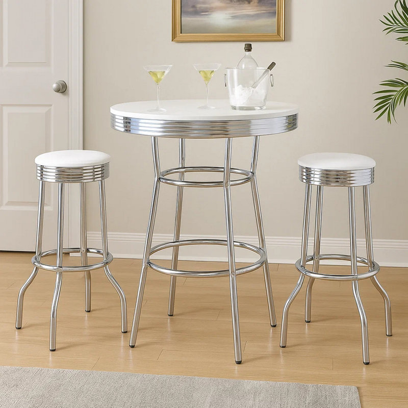 Loy 3 Piece Retro Bar Table Set, Round White Top, 2 Stools, Chrome, White